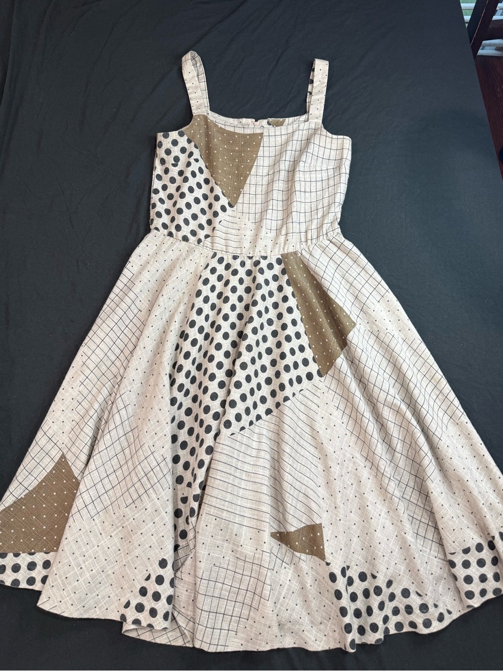 Patchwork Polka Dot & Grid Midi Dress in Cream and Brown
